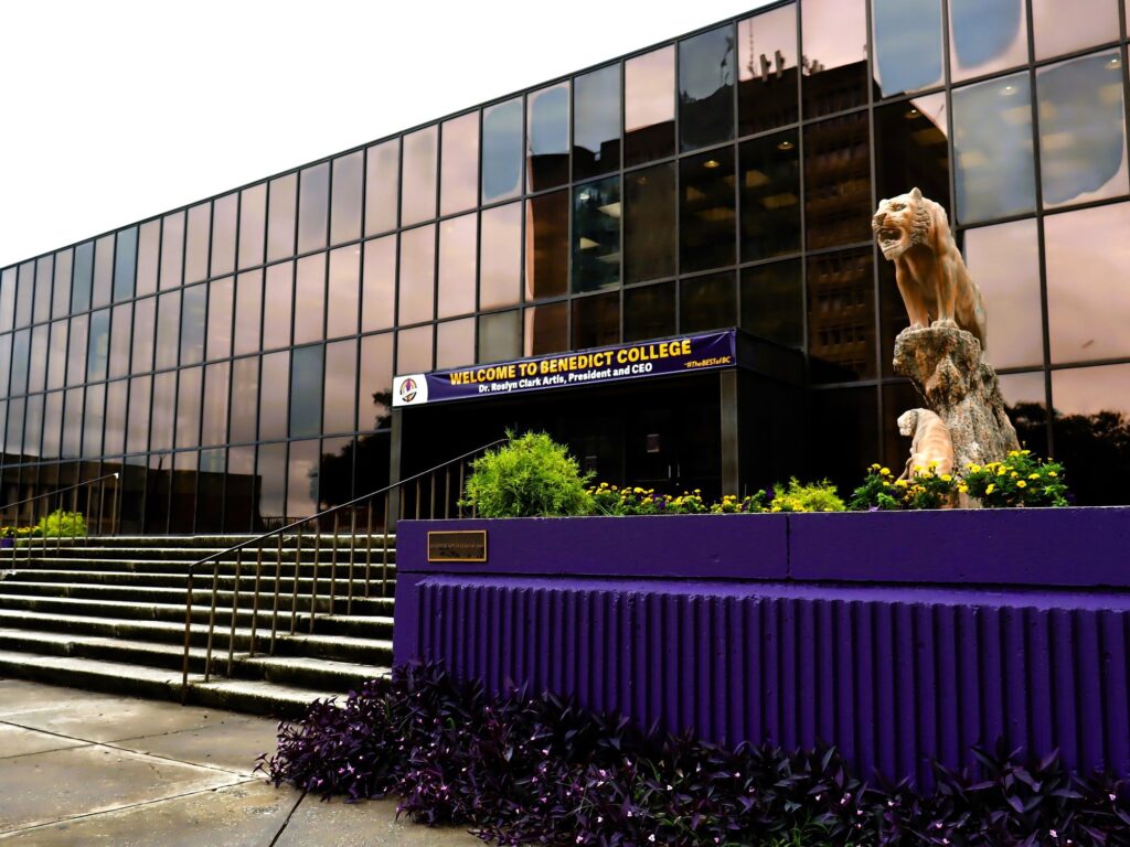 Campus building and welcome banner at Benedict College in Columbia, South Carolina