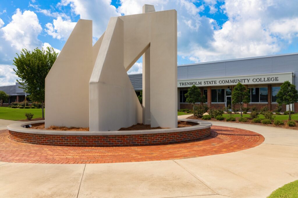 Campus monument and main building at H. Councill Trenholm State Community College in Montgomery, Alabama