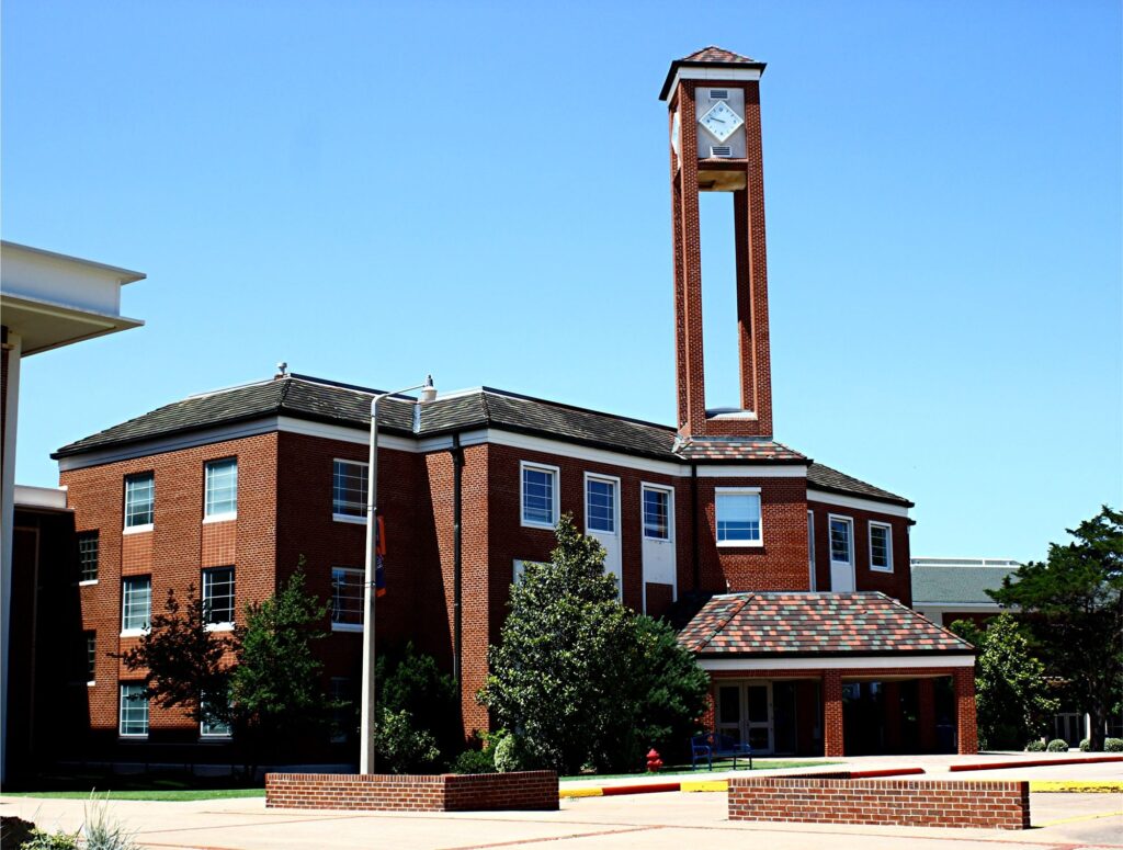 Campus building and clock tower at Langston University