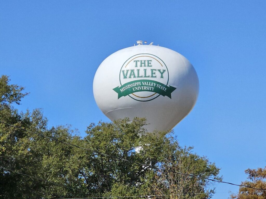 Mississippi Valley State University water tower marking the Itta Bena campus