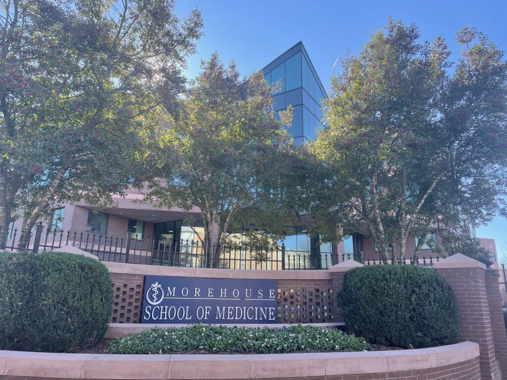 The Morehouse School of Medicine campus sign and building in Atlanta, Georgia