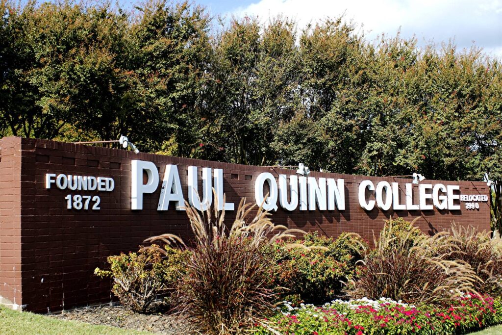 Campus entrance sign at Paul Quinn College in Dallas, Texas