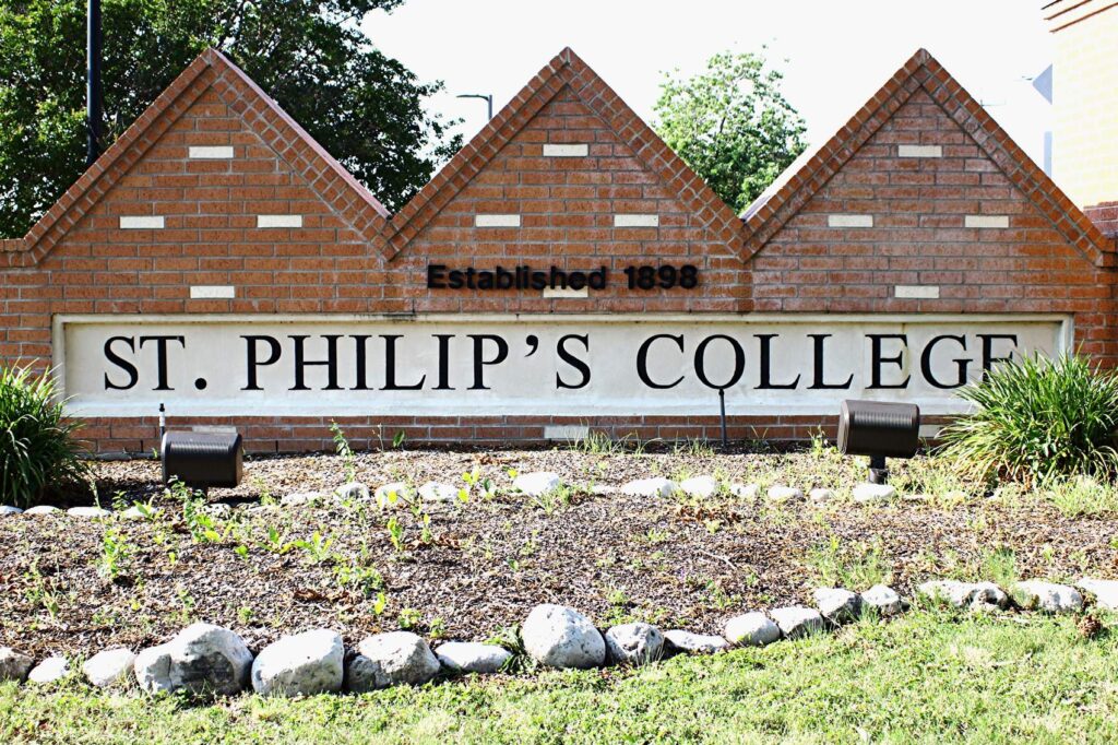 The St. Philip’s College established-1898 campus sign at the Martin Luther King Campus in San Antonio, Texas