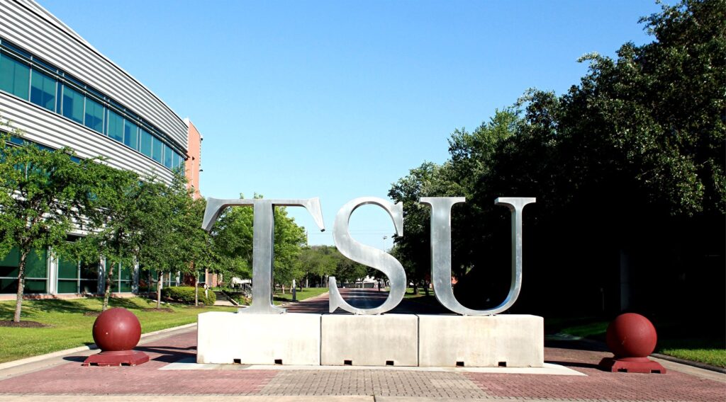 TSU letter sculpture and campus buildings at Texas Southern University in Houston, Texas