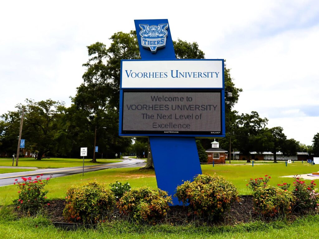 Campus entrance sign at Voorhees University in Denmark, South Carolina