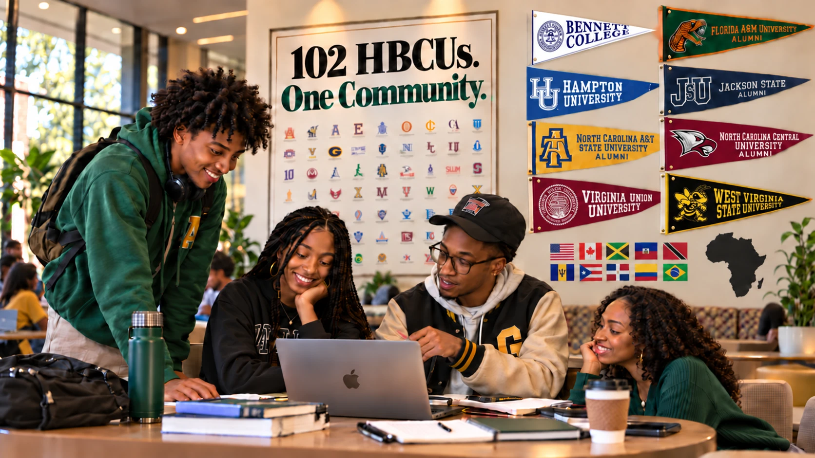 Four Black college students collaborating around a laptop in a student lounge decorated with HBCU pennants and an HBCU community poster.